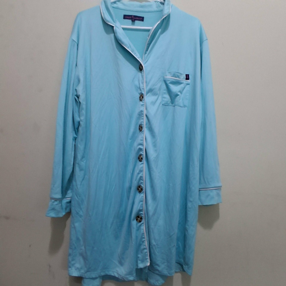 Simply Southern Womens Blue Button Down Long Sleeve Nightshirt Size L Sleepwear
